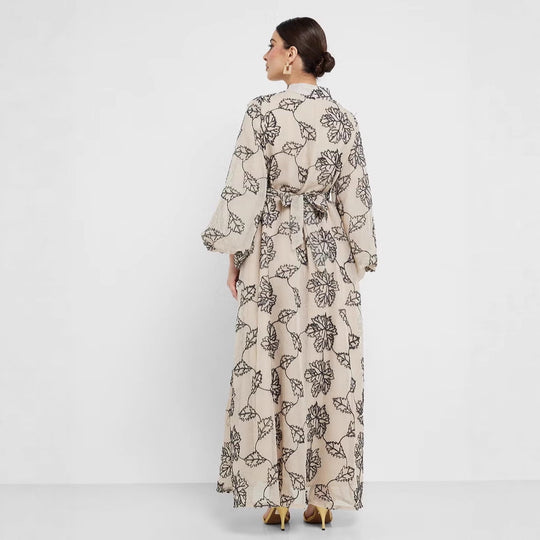 Damen Besticktes Maxikleid im Kaftan-Stil mit Reißverschluss, Taillengürtel und Ballonärmeln EB