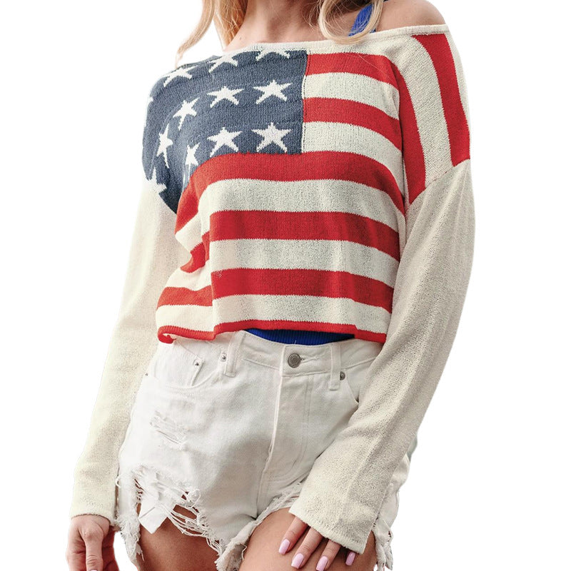 Damen lässiger Pullover mit Flaggenmuster und weiten Ärmeln EB