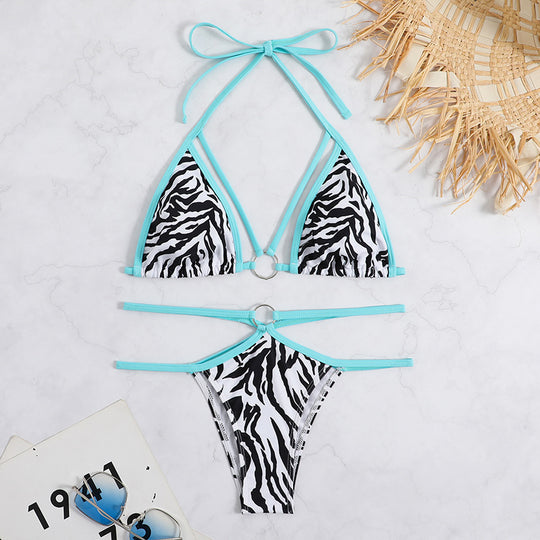 Damen Triangel-Bikini mit einzigartigem Ringdetail und trendy Zebra-Muster EB