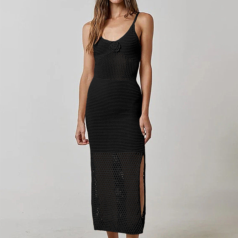 Damen luftiges Netzkleid mit seitlichen Schlitzen und raffinierter Struktur EB