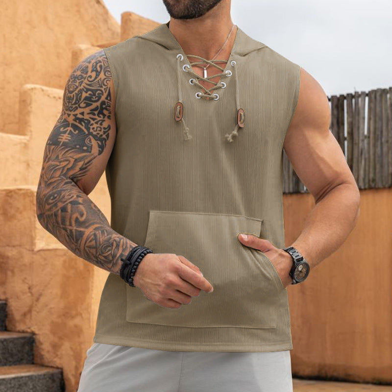Herren Ärmelloses Sport-Tanktop mit Kapuze und Schnürung EB