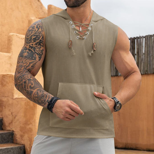 Herren Ärmelloses Sport-Tanktop mit Kapuze und Schnürung EB