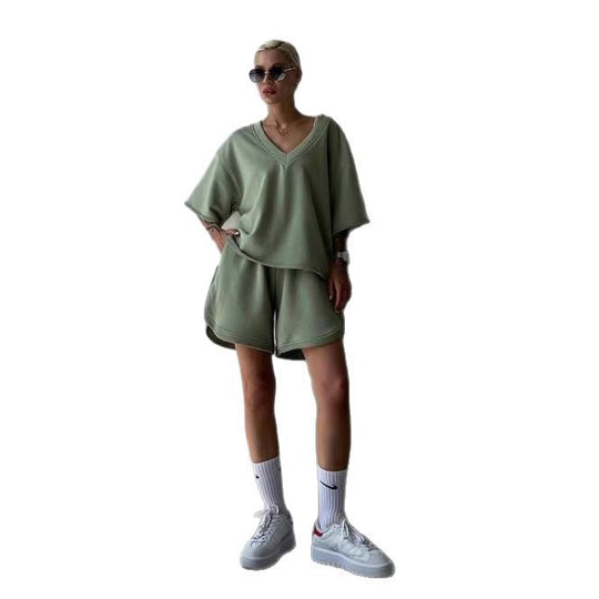 Damen lässiges Oberteil und Shorts-Set mit V-Ausschnitt und weitem Schnitt EB