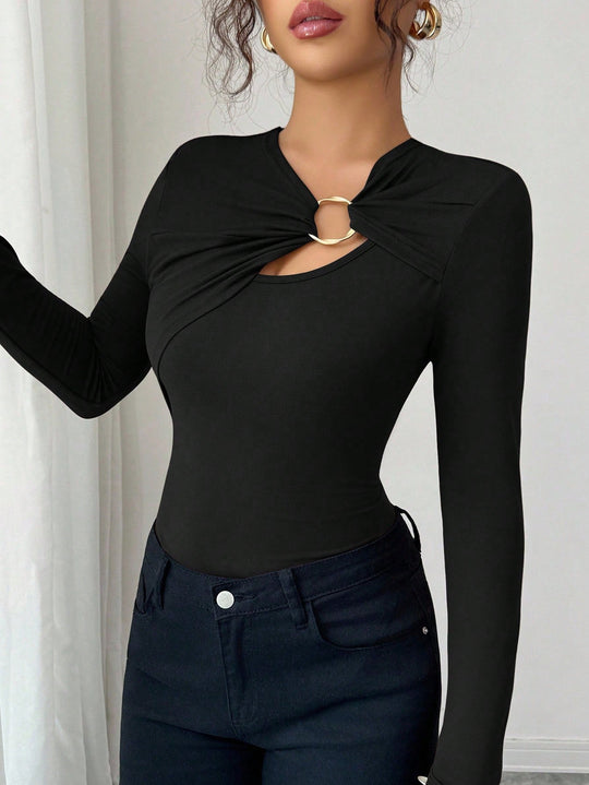 Damen nan figurbetonter Langarm-Body mit Leopardenprint und Zier-Ring EB