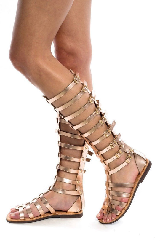 Damen kniehohe Gladiatorensandalen mit verstellbaren Riemen und flacher Lederlaufsohle EB