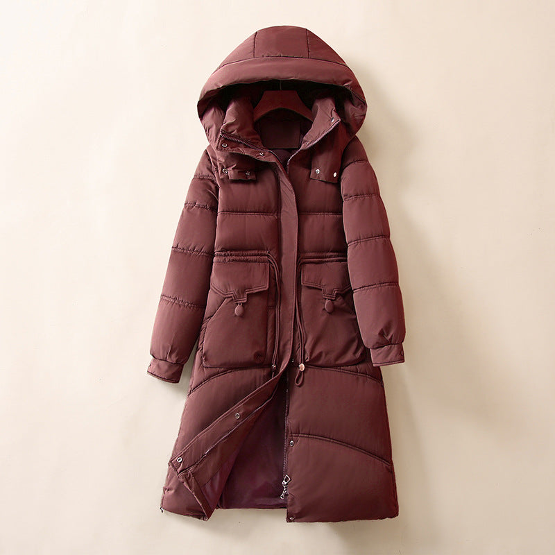 Damen Lange, warme Pufferjacke mit praktischen Taschen und Kapuze EB