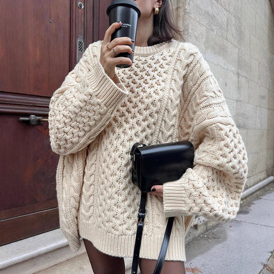 Damen Oversized Strickpullover mit Zopfmuster EB