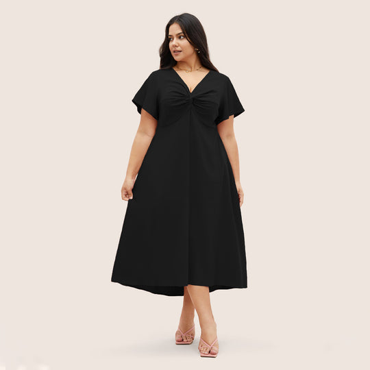 Damen Elegant geschnittenes Midikleid mit Knotendetail und kurzen Ärmeln EB