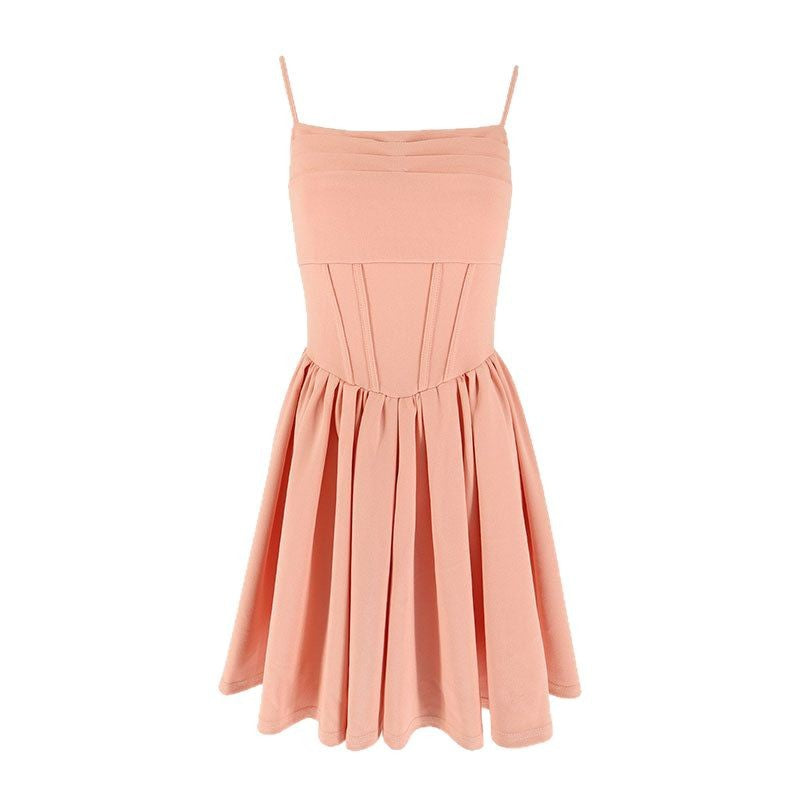 Damen schickes Sommerkleid mit Trägern und Falten EB