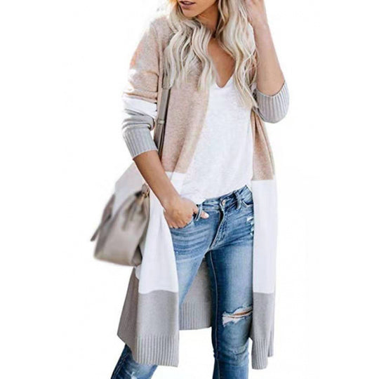 Damen lässiger Strickcardigan mit modernen Farbblockdetails und langen Ärmeln EB