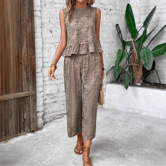 Damen zwei-teiliges Set mit peplum Oberteil und weit geschnittenen Hosen EB