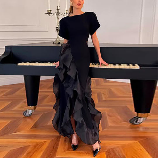 Damen elegantes Maxikleid mit fließenden Rüschen und schimmerndem Obermaterial EB