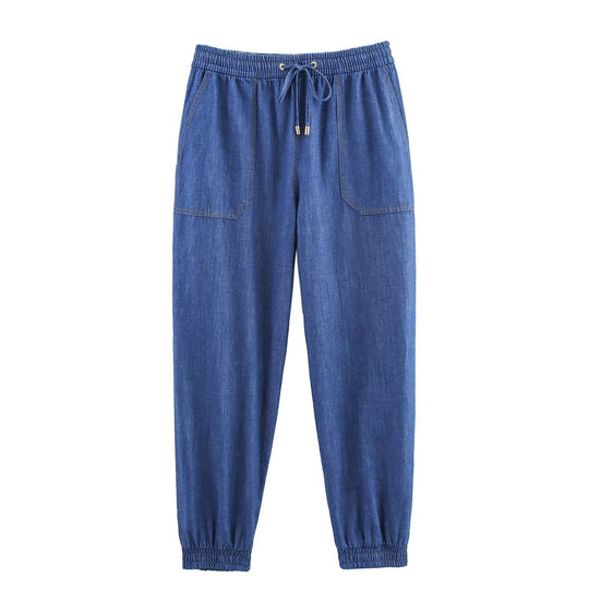 Damen lässiges Denim-Set mit Crop-Bluse und elastischen Hosen EB