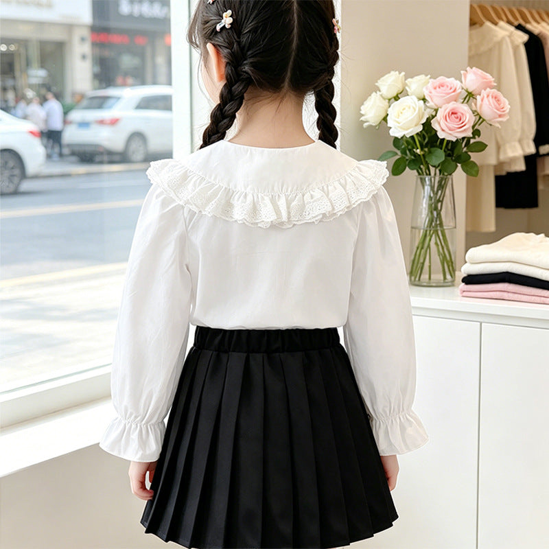 Mädchen Bluse mit voluminösem Spitzenkragen und Rüschendetails EB