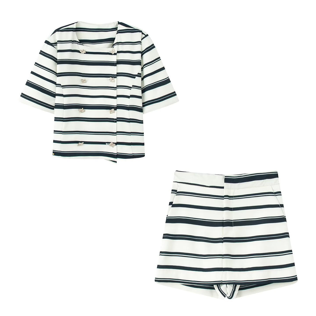 Damen gestreiftes Blazer- und Shorts-Set mit eleganten Knopfdetails EB