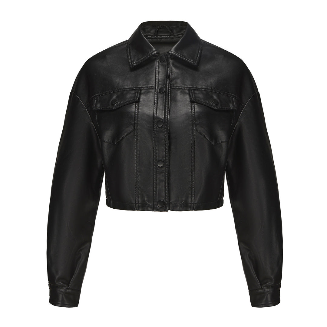 Damen nan kurze Oversized-Kunstlederjacke im Trucker-Stil mit Pattentaschen und verdeckter Druckknopfleiste EB