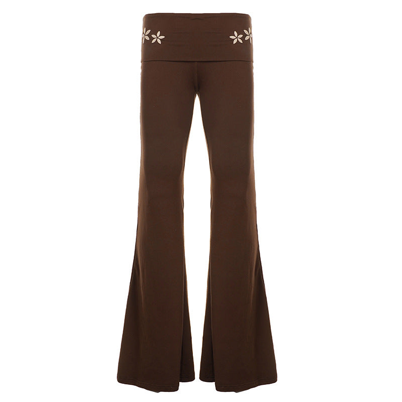 Damen nan Yogahose Flared mit Umschlagbund, komfortable Bootcut-Passform und Laser-Cut Blütendetail EB