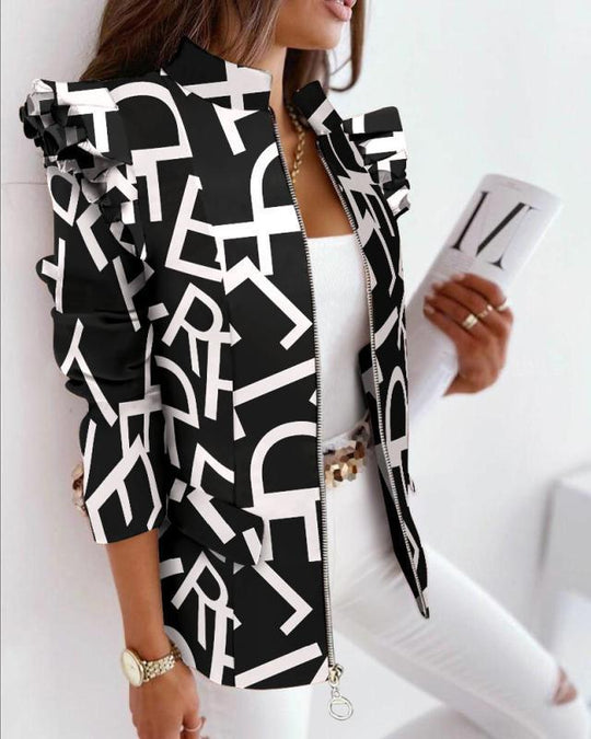 Damen nan Leo-Blouson mit Volantärmeln, Stehkragen und Zipper-Front EB