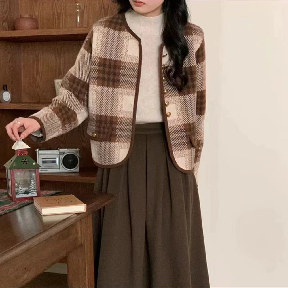 Damen Freizeitblazer mit eleganter Karomusterung und Knopfdetails EB