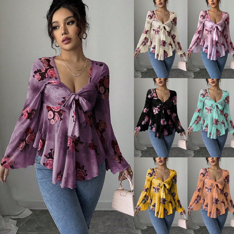 Damen luftige Bluse mit Blumenmuster EB