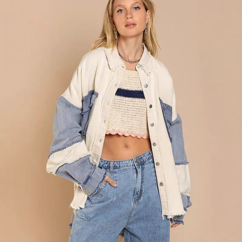 Damen Oversized Denim Jacke mit einzigartigen Farbblöcken und fransigen Details EB