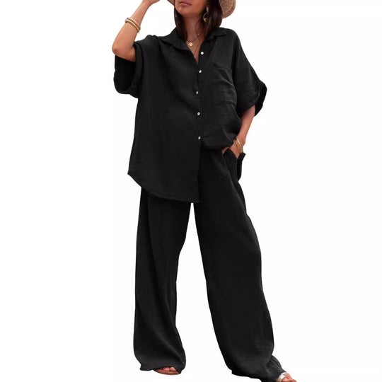 Damen Sommerliches Zweiteiler-Set mit übergroßem Hemd und weiter Hose EB