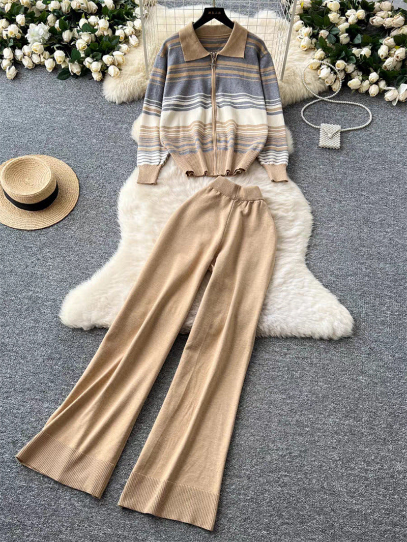 Damen modisches Freizeit-Loungewear-Set mit Reißverschluss und breitem Bein EB