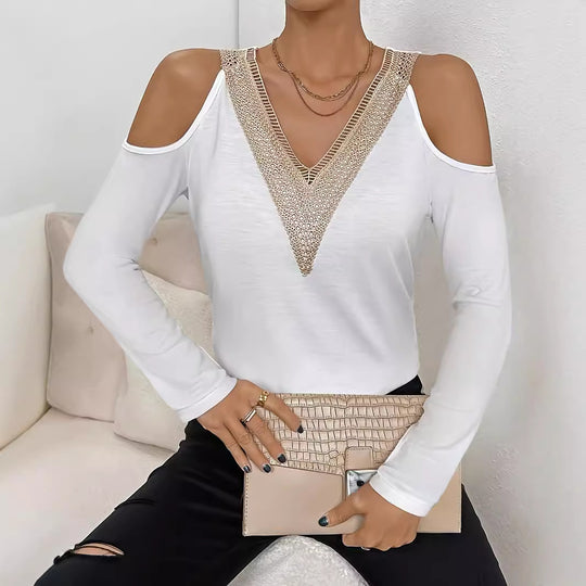 Damen elegantes Langarmshirt mit dekorativem Ausschnitt EB
