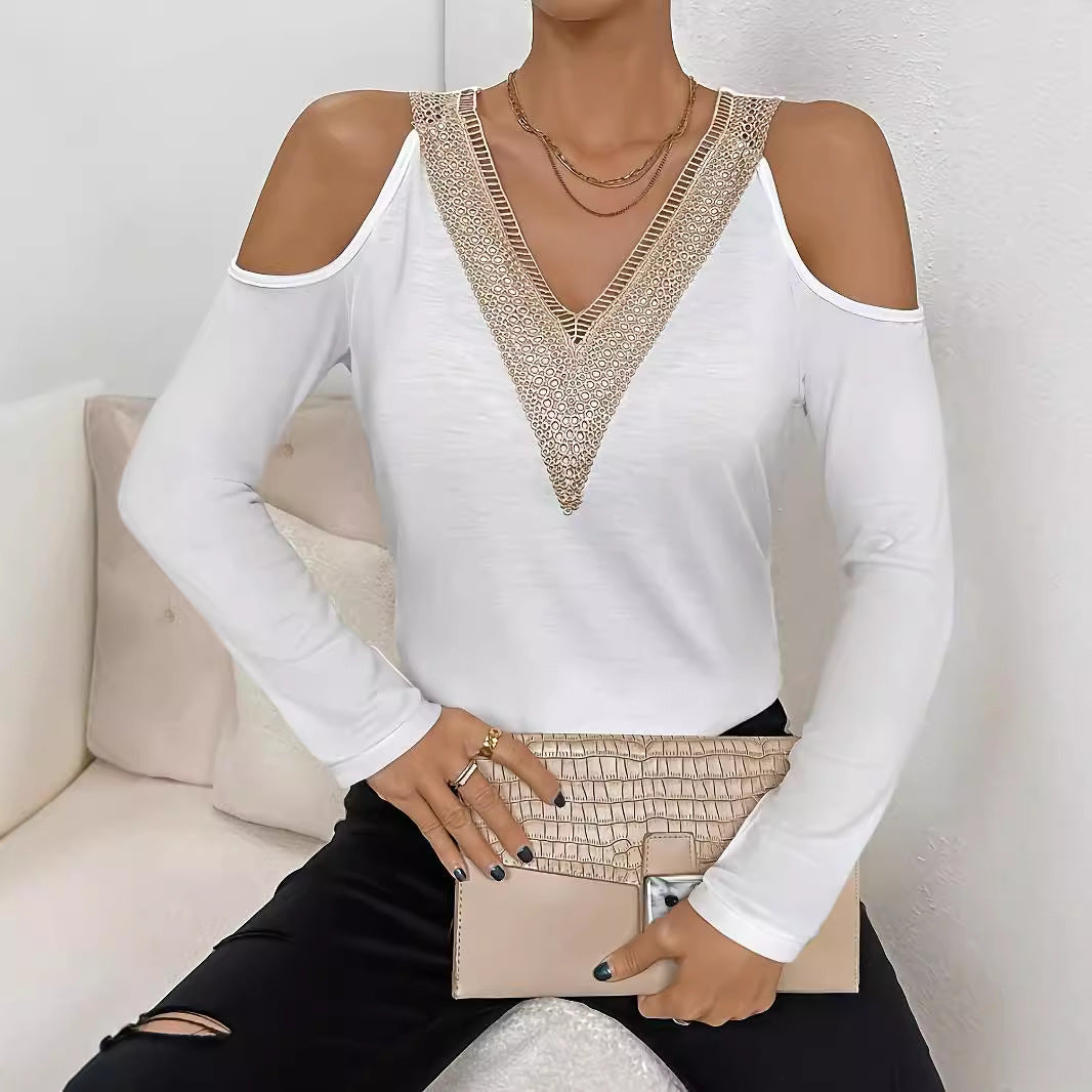 Damen nan Langarmshirt mit offenen Schultern und gehäkeltem V-Spitzenbesatz EB