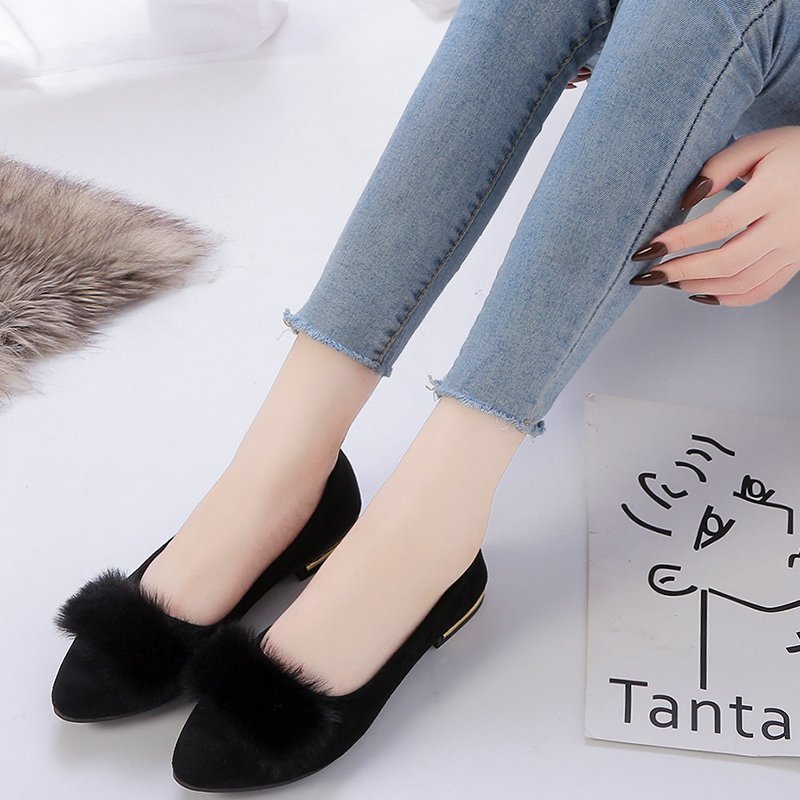 Damen nan spitze Ballerina mit Kunstvelours-Obermaterial, Kunstfell-Pompon und metallischer Absatzapplikation EB
