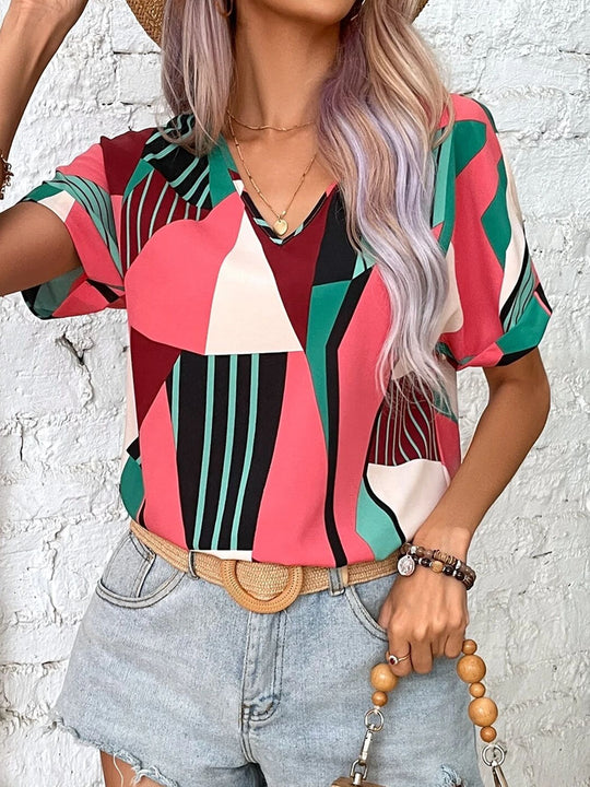 Damen V-Ausschnitt T-Shirt mit geometrischem Muster EB