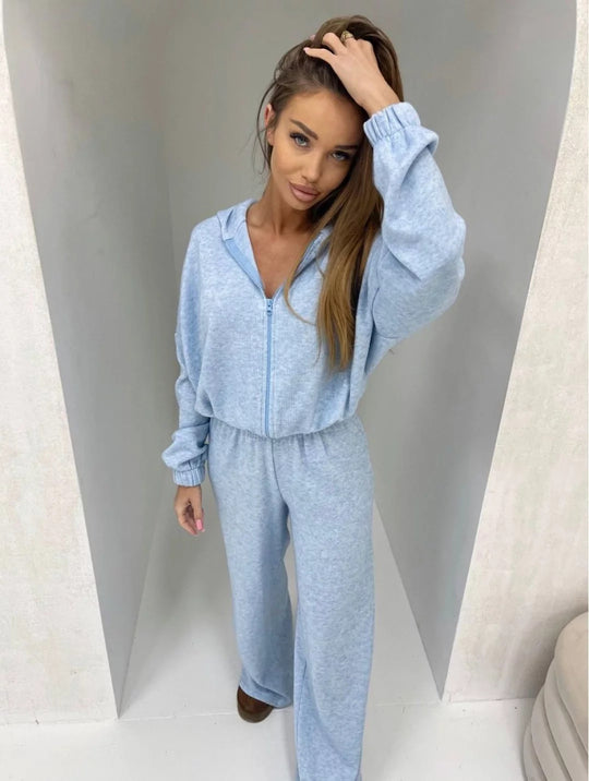 Damen eleganter Fleece-Jumpsuit mit hohem Kragen und durchgehendem Reißverschluss EB