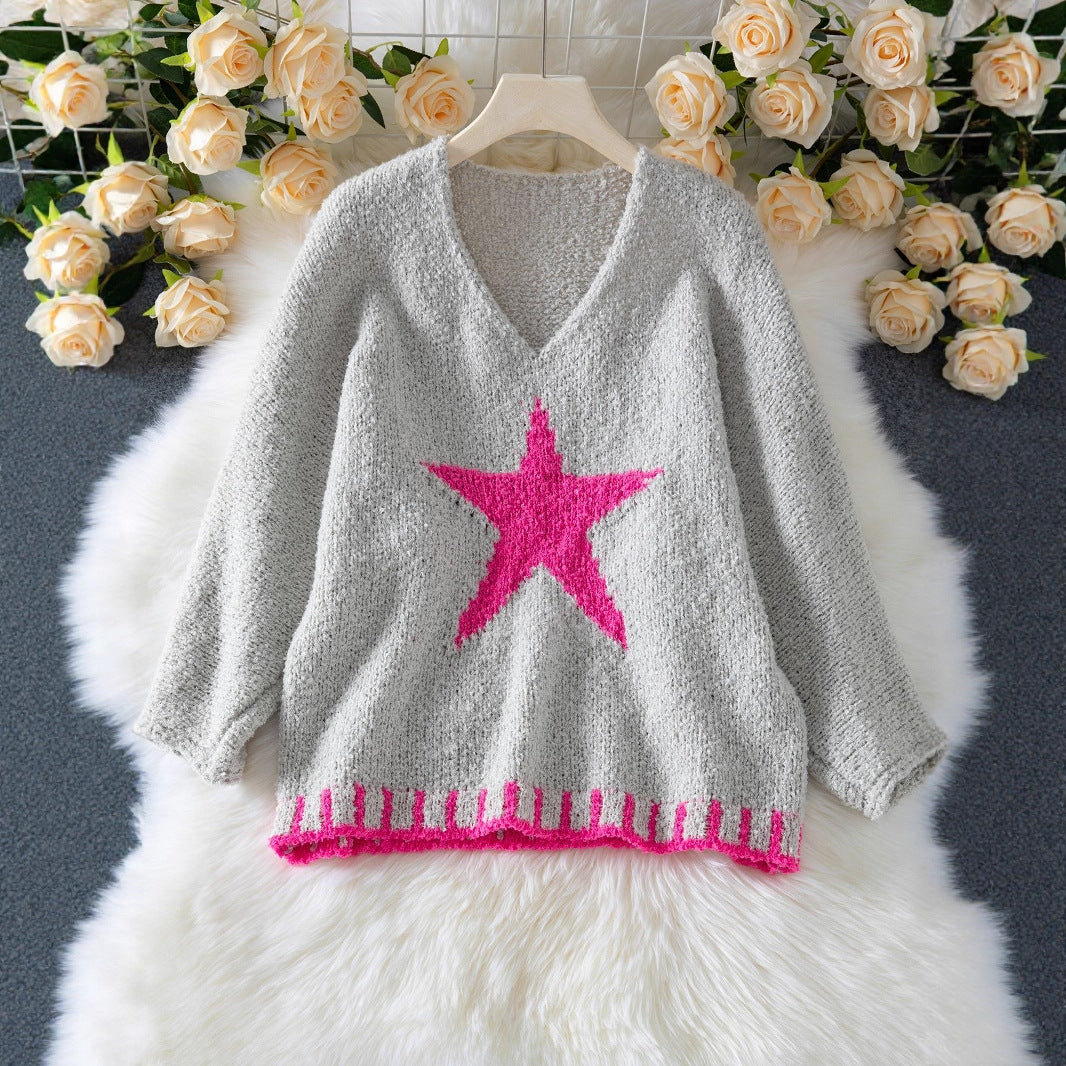Damen Strickpullover mit V-Ausschnitt und auffälligem Sternenmuster EB