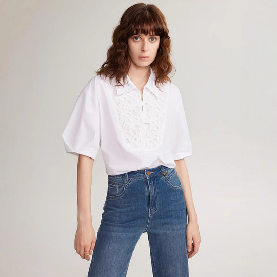 Damen Elegante Bluse mit traumhaftem Stickdesign und Knopfdetails EB