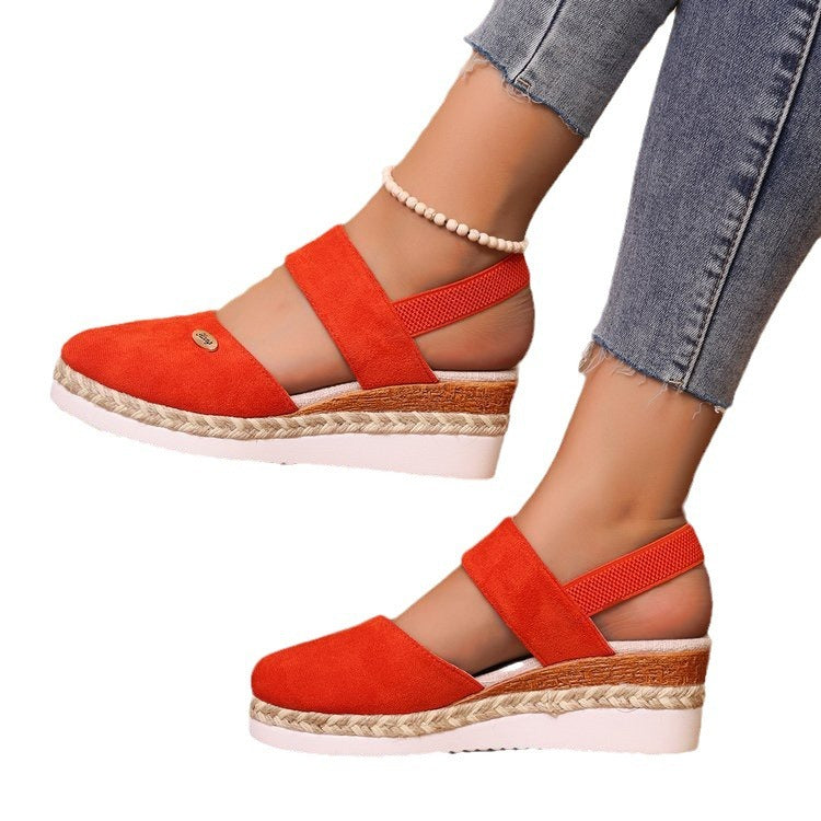 Damen  Espadrille-Keilpantoletten mit elastischem Fersenriemen, Veloursoptik-Obermaterial und geflochtenem Jute-Plateau EB