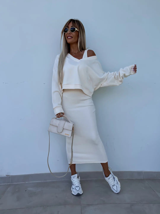 Damen nan zweiteiliges Midirock-Set mit off-shoulder Oversize-Sweatshirt und figurbetontem Bleistiftrock EB