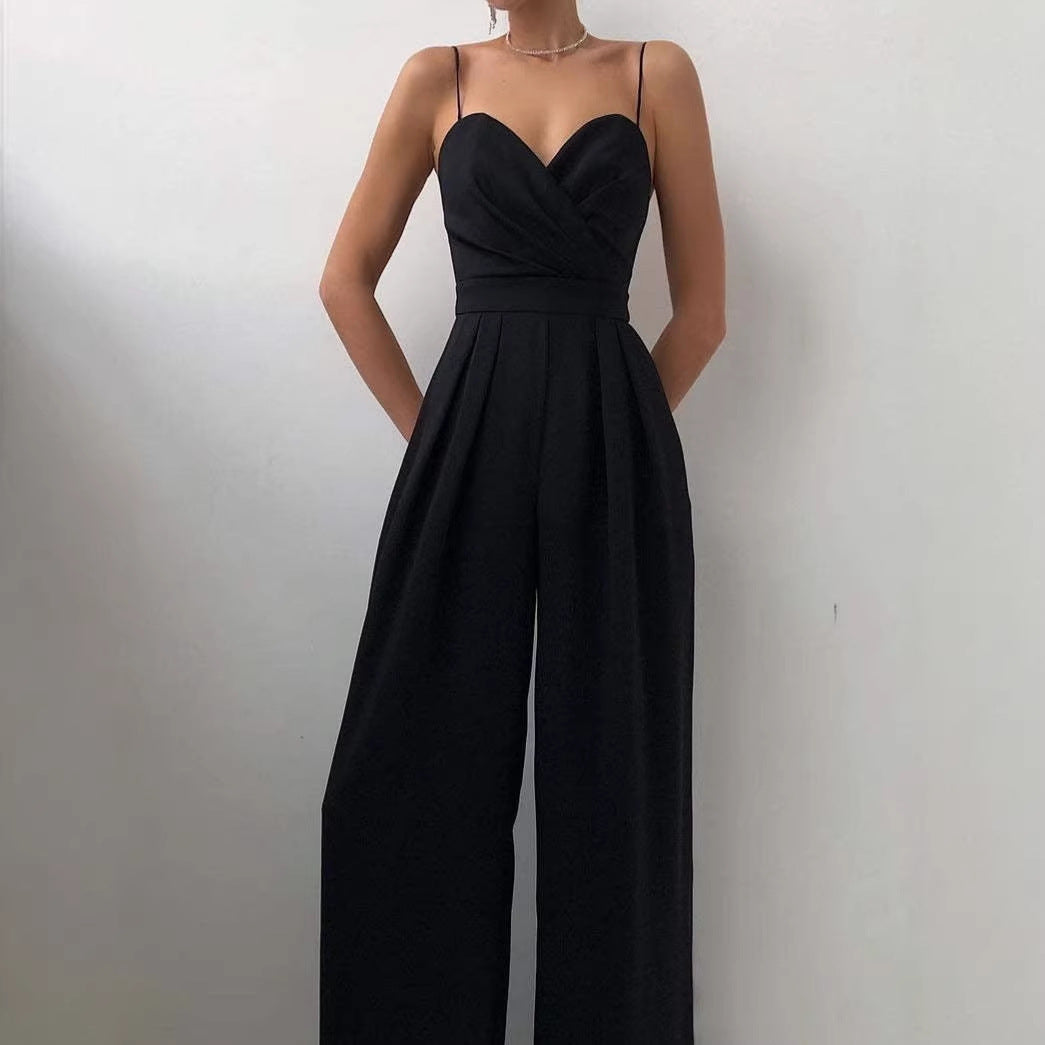 Damen eleganter Jumpsuit mit tiefem V-Ausschnitt und weiten Beinen EB