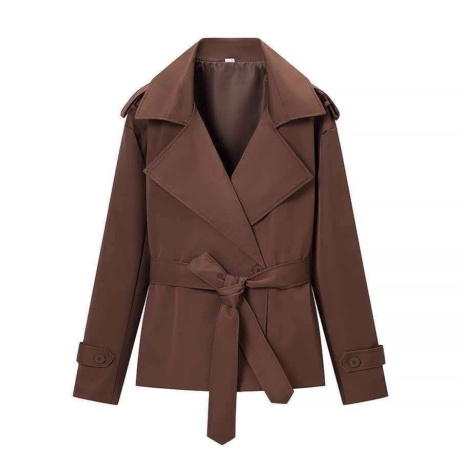 Damen nan kurze Trenchcoat Jacke mit Taillengürtel breitem Revers und dekorativen Schulterklappen EB