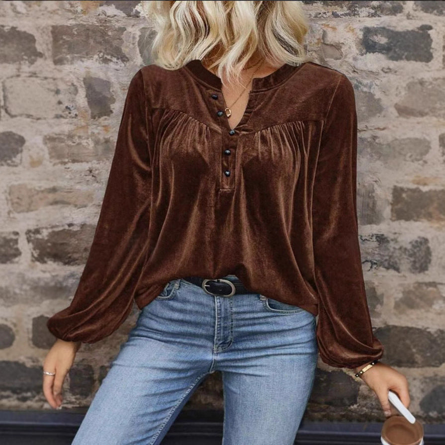 Damen elegante Samtbluse mit dekorativen Knöpfen EB