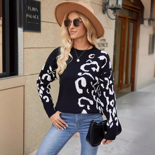 Damen trendiger Strickpullover mit modernem Leopardenmuster und lockerer Passform EB