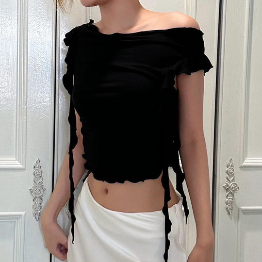 Damen Off-Shoulder Oberteil mit Rüschendetails und figurbetonter Passform EB