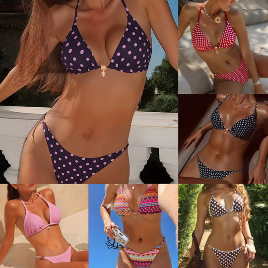 Damen Triangel-Bikini mit modischem Punktedesign und goldener Verschlussdetails EB