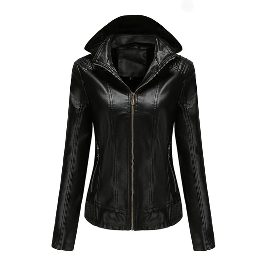 Damen stilvolle Kunstlederjacke mit hochabschließendem Kragen und elastischen Bündchen EB