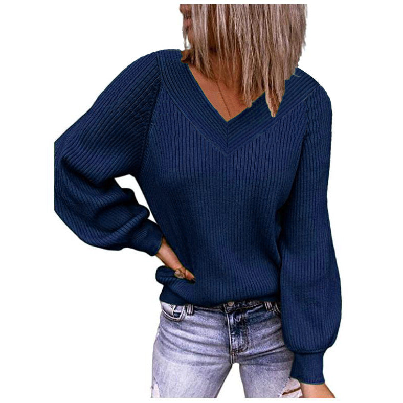Damen Strickpullover mit V-Ausschnitt und Ballonärmeln EB