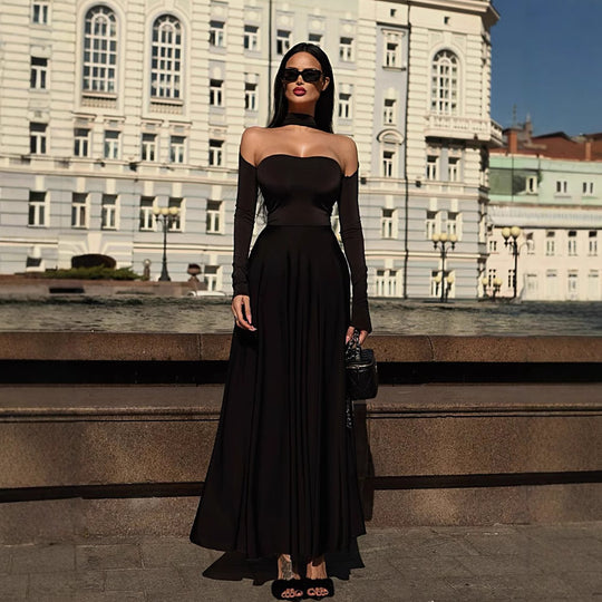 Damen Elegantes Off-Shoulder Maxikleid mit raffinierten langen Ärmeln EB