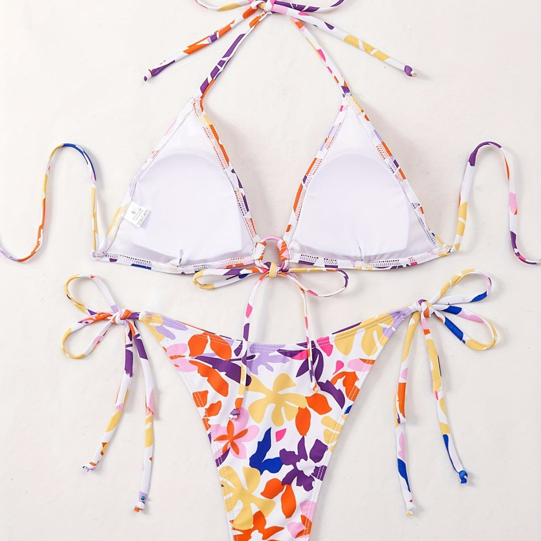 Damen Triangel-Bikini mit verstellbaren Schnüren und fröhlichem Blumenmuster EB
