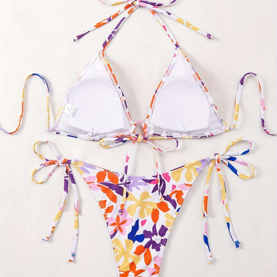 Damen Triangel-Bikini mit verstellbaren Schnüren und fröhlichem Blumenmuster EB