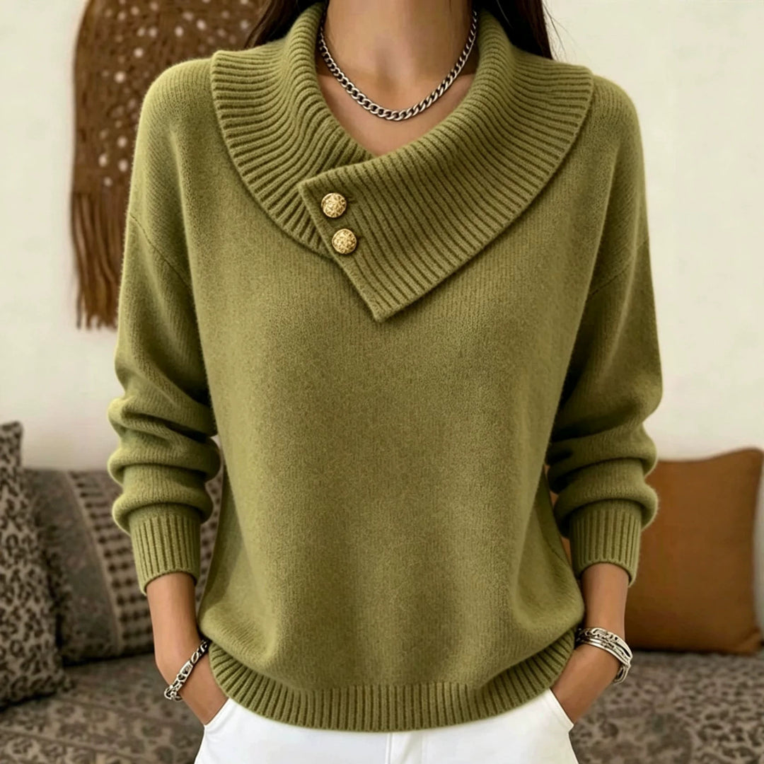 Damen Feinstrick-Pullover mit überlappendem Schalkragen und Zierknöpfen EB