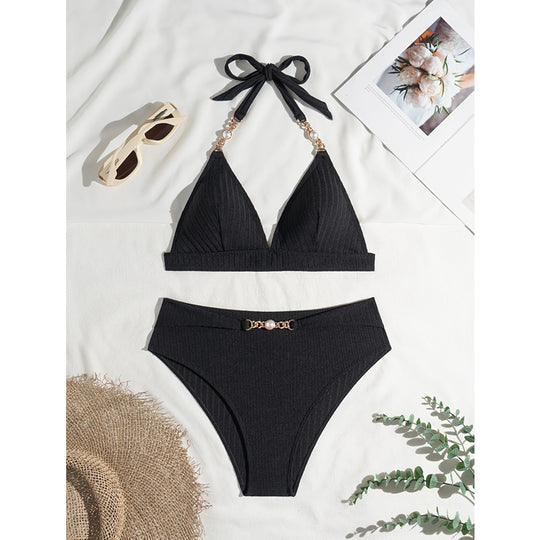 Damen Bandeau-Bikini mit gemustertem Oberteil und dekorativer Perlenverzierung EB