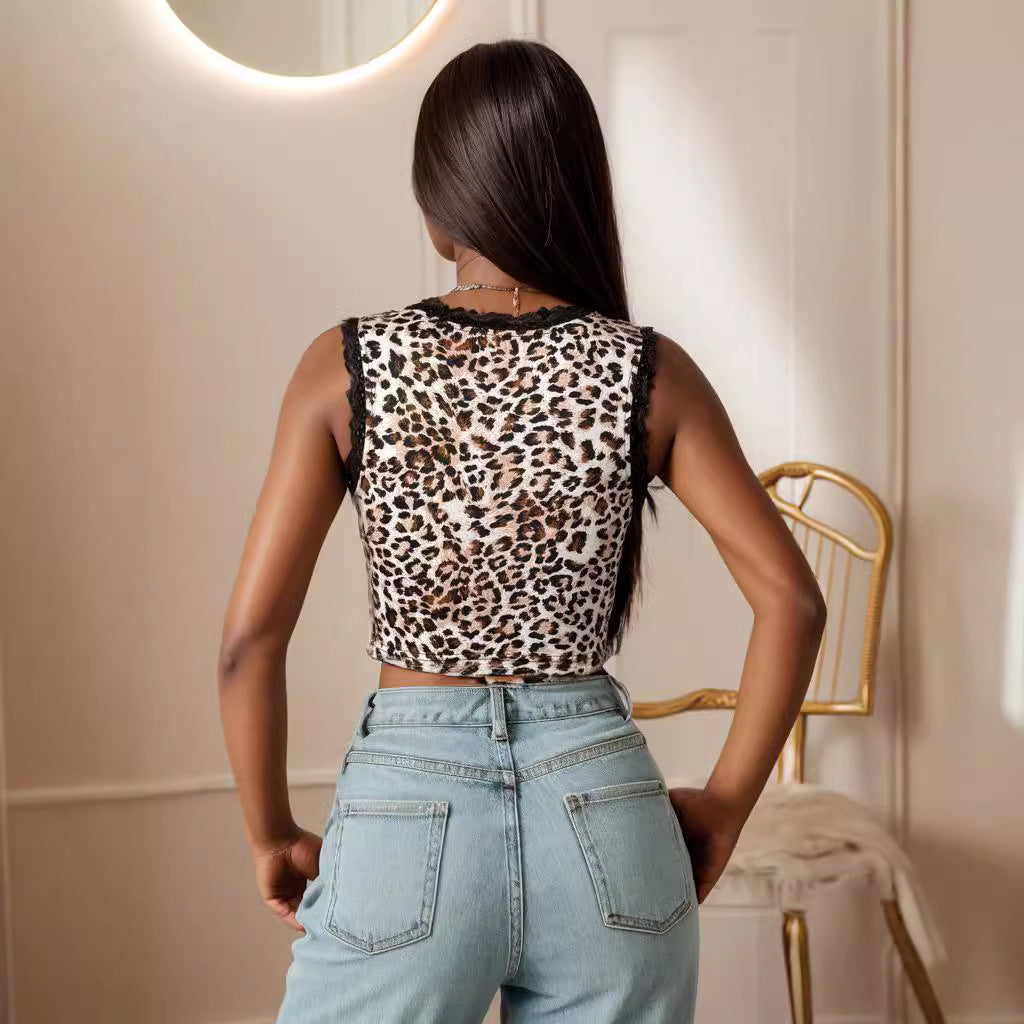 Damen Sexy Animal-Print Oberteil mit Spitzenakzenten und Schleifenbindung EB